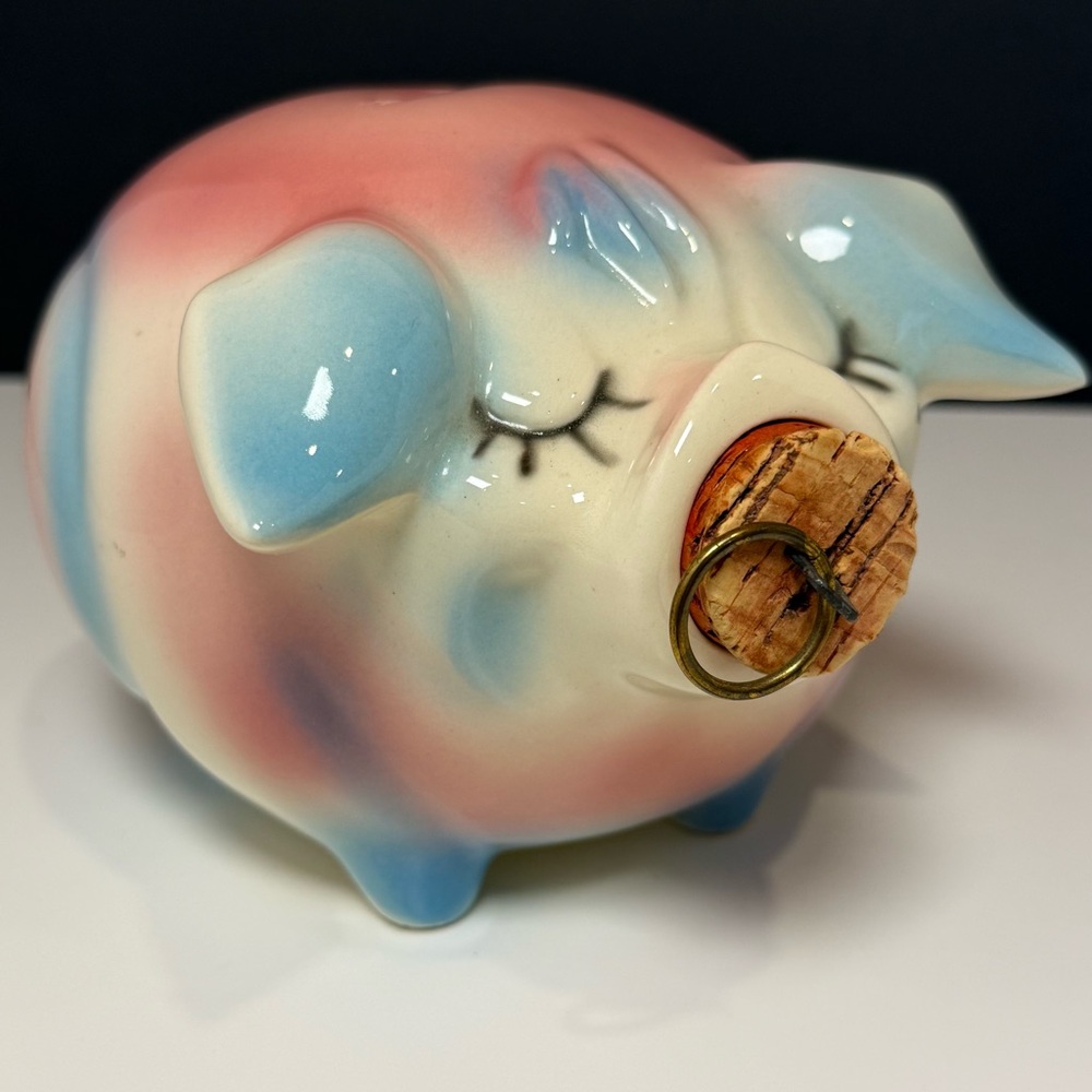 Corky Pig Piggy Bank by Hull Pottery - Pastel Pink and Blue